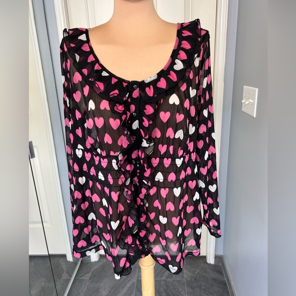 Inc Heart Print Ruffle Front Semi Sheer Blouse Whimsigoth Lovecore‎